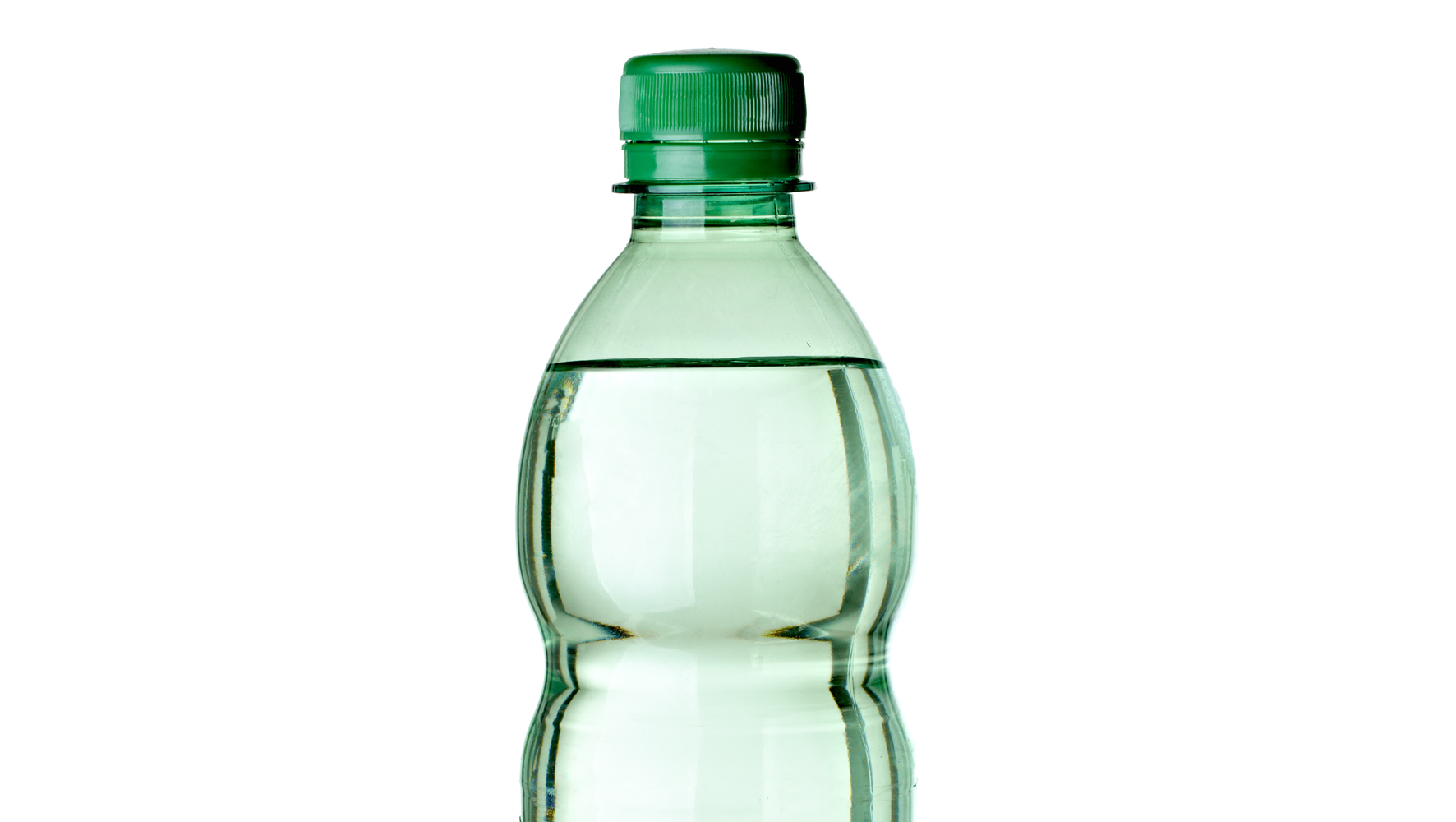 clear water bottle made of PET plastic with green cap