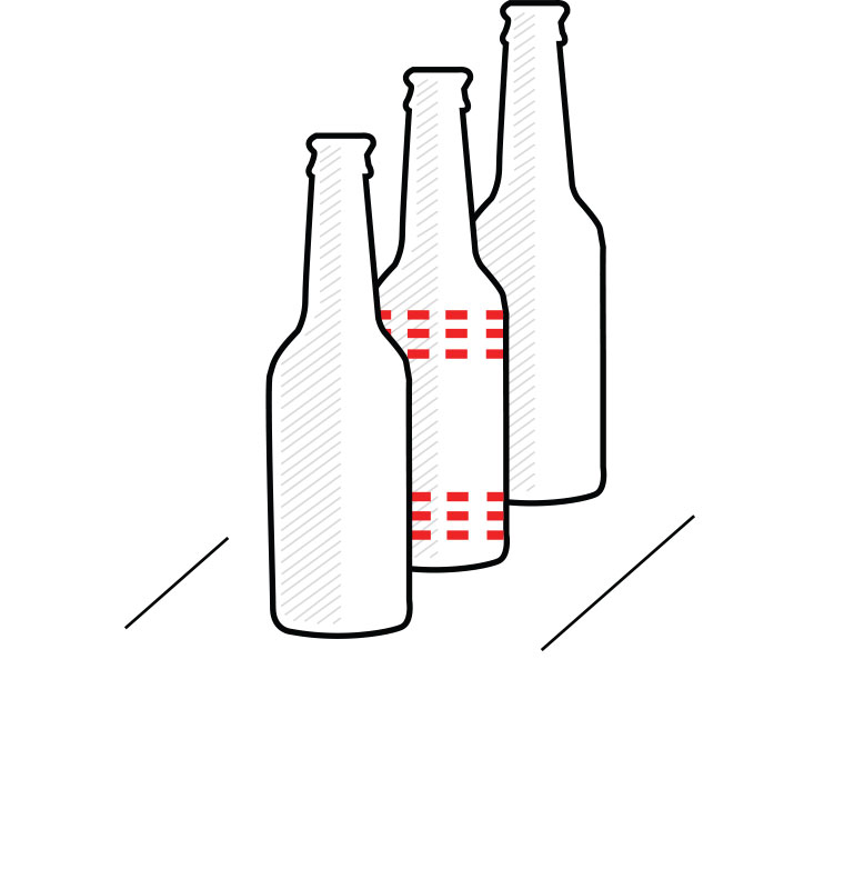 Illustration showing scuff marks on bottles in a production line